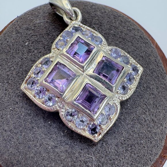 VTG Sterling Silver 925 Amethyst & Blue Cubic Zirconia Pendant Size 1.25" Length - Picture 2 of 10